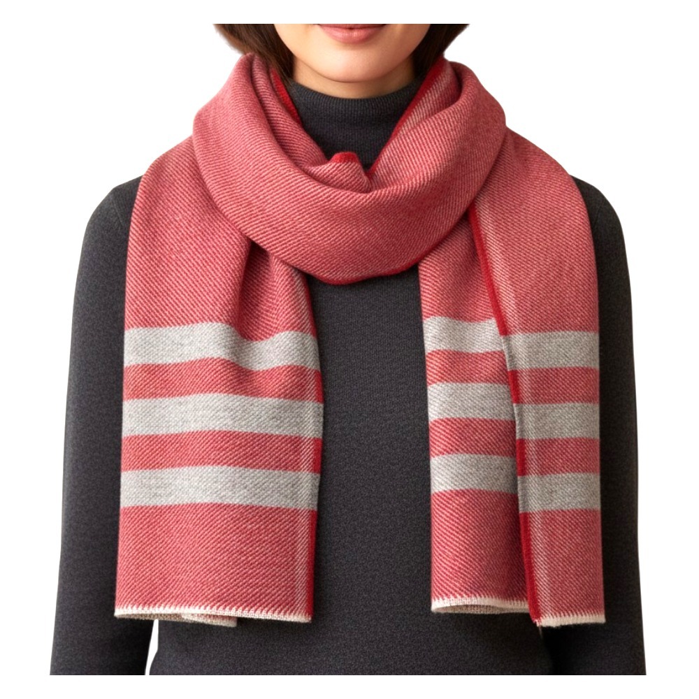 FARIBAULT Woolen Mill WOOL SCARF Unisex/Men's/Ladies RED HERRINGBONE Gray Stripe